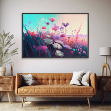 Carregar imagem no visualizador da galeria, Black panther on the hunt in the jungle, glowing blue eyes, synth wave aesthetic art, framed canvas print
