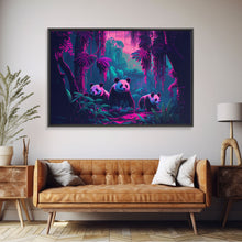 Load image into Gallery viewer, Cute pandas, jungle, framed canvas print, framed wall art, synthwave animal art
