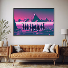 Load image into Gallery viewer, Penguins on the nice, cute animal prints, framed canvas print, synthwave / vaporwave art
