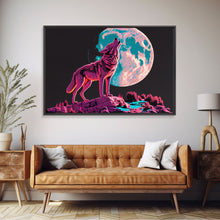 Load image into Gallery viewer, Howl at the moon, wolf art, framed canvas print, synthwave / vaporwave art
