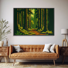 Load image into Gallery viewer, Among The Tall Trees, Beautiful forest 8 bit pixel art, framed canvas print, game room art
