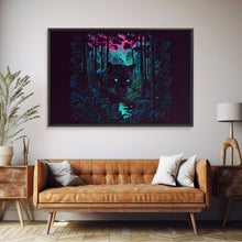 Load image into Gallery viewer, Panther in the jungle, framed canvas print, synthwave / vaporwave art
