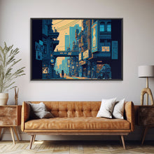 Load image into Gallery viewer, 8 bit pixel art cyber punk city, video game concept art, framed canvas print, game room art
