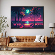 Load image into Gallery viewer, Outrun style full moon lit beach, framed canvas print, synthwave palm tree &amp; beach art
