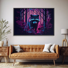 Cargar imagen en el visor de la galería, Cute racoon in the forest, vaporwave aesthetic animal art, framed canvas print, colorful animal art
