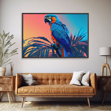 Carregar imagem no visualizador da galeria, Birds of Paradise, Tropical Blue Parrot, Framed canvas print, beautiful wall art for vacation home
