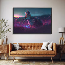 Carregar imagem no visualizador da galeria, Cute animal prints, vaporwave fox hunting in the tall grass, framed canvas print
