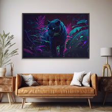 Carregar imagem no visualizador da galeria, Black panther on the hunt in the jungle, glowing blue eyes, synth wave aesthetic art, framed canvas print
