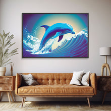 Load image into Gallery viewer, Dolphin riding a wave, cute animal prints, vaporwave animal art, framed canvas print

