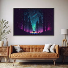 Cargar imagen en el visor de la galería, Contemplating the stars, vaporwave aesthetic, forest art, starry night, framed canvas print
