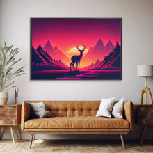 Load image into Gallery viewer, Deer at sunset, outrun style nature animal print, framed canvas print, sunrise art
