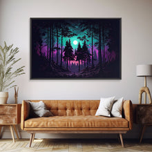 Carregar imagem no visualizador da galeria, Fantasy forest art, full moon visible through the trees, framed canvas print, framed wall art
