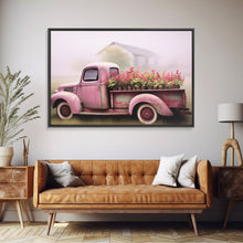 Load image into Gallery viewer, Framed Picture of old truck with beautiful flowers in bed of truck, farmhouse living, old barn, farmhouse distressed, framed canvas print
