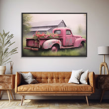 Load image into Gallery viewer, Framed Picture of old truck with beautiful flowers in bed of truck, farmhouse living, old barn, farmhouse distressed, framed canvas print
