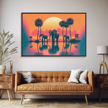 Load image into Gallery viewer, Sun beading down on a family of Elephants, framed canvas print
