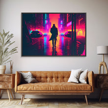 Load image into Gallery viewer, Cyberpunk bounty hunter art, vaporwave synthwave dystopian cityscape, framed canvas print
