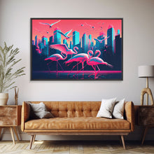 Load image into Gallery viewer, Pink Flamingos, Vaporwave aesthetic style art, framed canvas print, framed wall art
