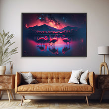Load image into Gallery viewer, Pink Flamingos against a starry night sky, synthwave vibes, framed canvas print, framed art
