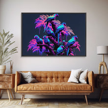 Load image into Gallery viewer, Synthwave Tropical Birds, Parrot Art, Framed canvas print, framed wall decor, vaporwave animal print
