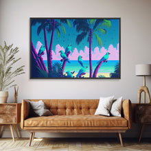 Load image into Gallery viewer, Tropical birds of paradise, synthwave, vaporwave wall art, framed canvas print
