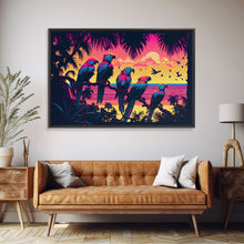 Load image into Gallery viewer, Tropical birds of paradise, synthwave, vaporwave wall art, framed canvas print
