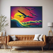 Carregar imagem no visualizador da galeria, Flock of Seagulls, art deco style sun, framed canvas print, synthwave retrowave animal art
