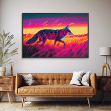 Load image into Gallery viewer, Cute fox in the tall grass, animal print, vaporwave framed canvas print, retrowave animal art
