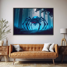 Load image into Gallery viewer, Cyborg Spider, Scifi Fantasy horror art, robot spider on the hunt, framed canvas print
