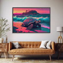 Load image into Gallery viewer, Sea turtle fighting the waves, framed canvas art, synthwave, vaporwave, animal prints
