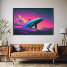 Load image into Gallery viewer, Humpback whale breaching a rainbow, vaporwave art, synthwave animal print, framed canvas print
