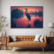 Carregar imagem no visualizador da galeria, A stork standing in a calm lake at sunset, framed canvas print

