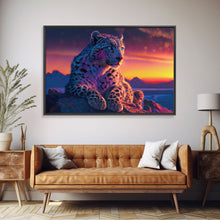 Load image into Gallery viewer, Portrait of a leopard at sunset, vaporwave art, framed canvas print, framed wall art, animal prints

