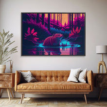 Carregar imagem no visualizador da galeria, Cute beaver in a river, pink vaporwave art, animal  prints, framed canvas print, framed wall art
