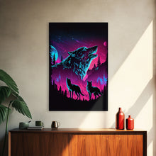 Load image into Gallery viewer, Wolves Howling at the moon, 3 wolf moon, framed canvas print, vaporwave art, Animal art, predator art
