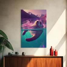 Carregar imagem no visualizador da galeria, Cute Otter going for a swim, pastel retro style art, framed canvas print, Otter out for a swim in a mountain lake
