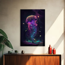 Load image into Gallery viewer, Bioluminescent Cosmic Jellyfish against a Starry night sky, JellyFish Art, Framed Canvas Print, synthwave style art
