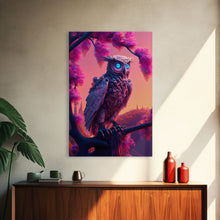 Load image into Gallery viewer, Cyberpunk Robot Owl, framed canvas print, Cybernetic android owl art, vaporwave aesthetic futuristic art
