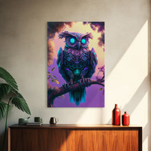 Load image into Gallery viewer, Cyberpunk Robot Owl, framed canvas print, Cybernetic android owl art, vaporwave aesthetic futuristic art
