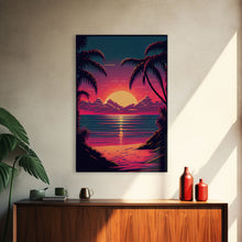 Load image into Gallery viewer, 8 bit pixel art sunset, synthwave style palm tree beach, framed canvas print, framed wall art painting
