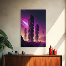 Load image into Gallery viewer, The Monoliths, Scifi art, retro synthwave style alien planet art, framed canvas print
