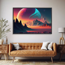 Load image into Gallery viewer, 3 Moon Fantasy World, Retro Style Sci-Fi Art, Framed Canvas Print, Futuristic Art, Fantasy Decor
