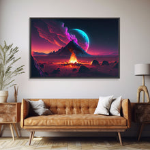 Load image into Gallery viewer, Campfire under a Full Moon, Framed canvas print, retro synthwave / outrun style primitive home decor
