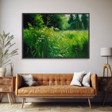 Load image into Gallery viewer, Beautiful field of wildflowers, Emerald green watercolor, framed canvas print, living room wall decor
