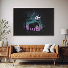 Load image into Gallery viewer, Synthwave Elephant Art | Framed Canvas Print | Framed Wall Art | Animal Prints | Wildlife Art | Elephant Walks Under A Full Moon

