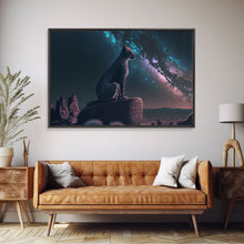 Load image into Gallery viewer, Cheetah overlooking the valley, synthwave retro style animal prints, framed canvas print, framed wall art, starry Africa night sky
