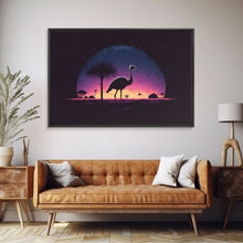 Load image into Gallery viewer, Emu Art | Framed Canvas Print | Synthwave Style Framed Wall Art | Animal Prints | Emu Walks Under A Full Moon | Kid&#39;s Room Decor
