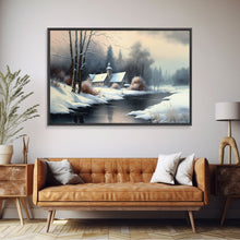 Cargar imagen en el visor de la galería, Snow Covered Landscape Art | Church Art | Framed Canvas Print | Snowy Winter Scene | Boho Minimalist Modern Art
