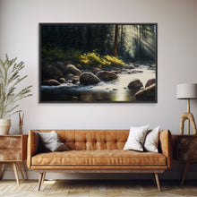 Carregar imagem no visualizador da galeria, A Rocky Stream, Watercolor Art, Serene nature landscape art, framed canvas print, mouth of the river in the morning light wall art
