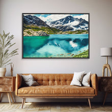 Load image into Gallery viewer, Watercolor painting canvas print of a mountain lake landscape, framed canvas print, framed wall art
