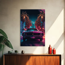 Carregar imagem no visualizador da galeria, American Muscle Car on Sunset Strip, Retro Synthwave Art, Framed Canvas Print, Gift For Him, Muscle Car Art
